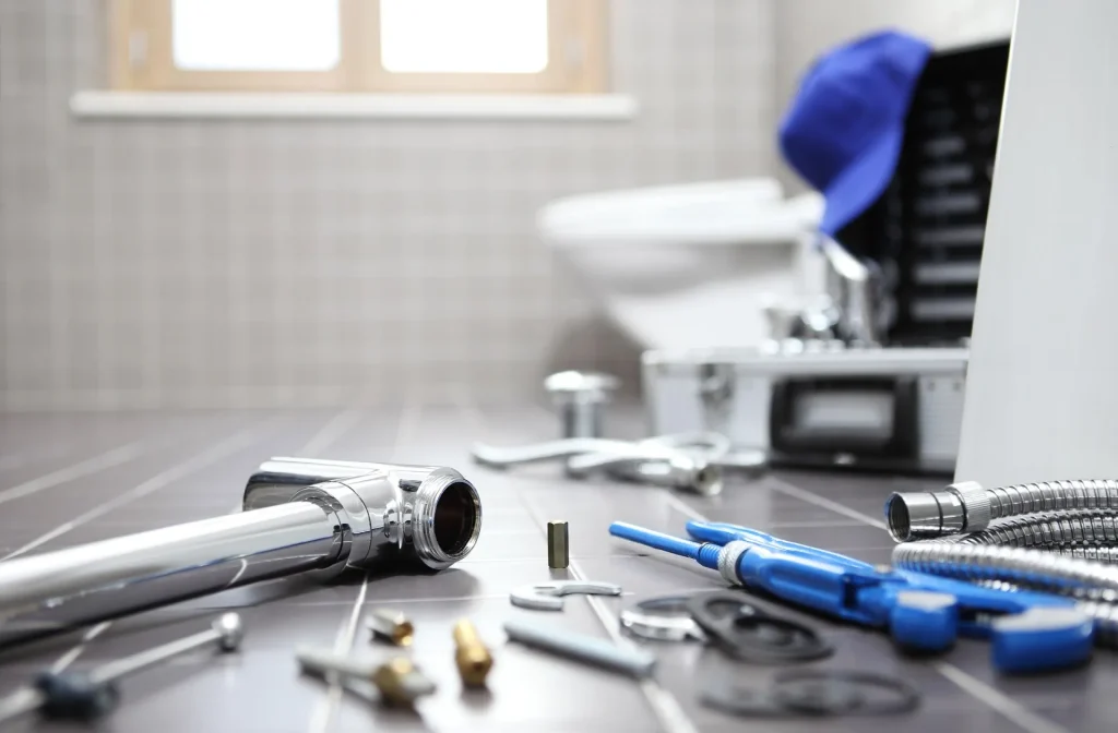 Plumbing tools and pieces in foreground of a bathroom
